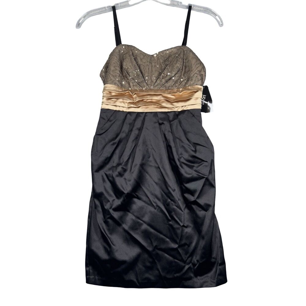 IZ Byer Dress Juniors‎ 7 Black Gold Satin Shimmer Mini Formal 90s Y2K Vintage
